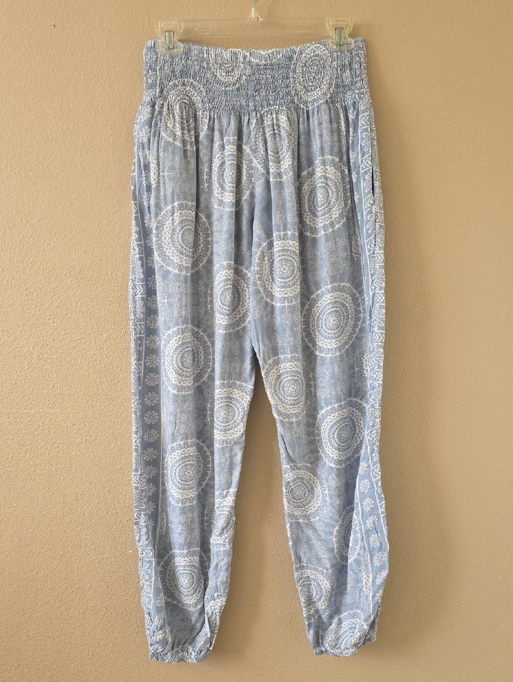 Lotus & Luna Blue White Boho Printed Harem Beach Pants - Size Medium